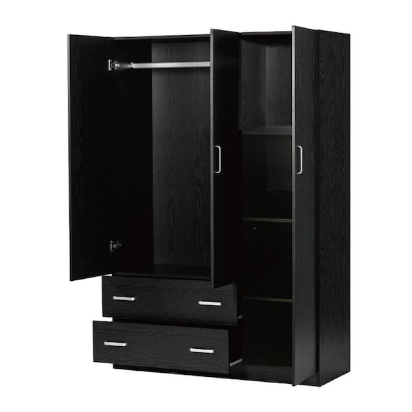 FORET 3 DOOR Wardrobe Clothes Storage Cabinet Organizer Drawer Hanging Rod BK