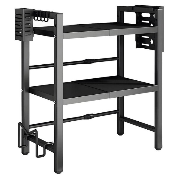 3-Tier Microwave Stand Oven Rack Height Adjustable and Extendable Stainless Steel Kitchen Storage Shelf With 6 Hook Over the Kitchen Counter Max Load 75Kgs