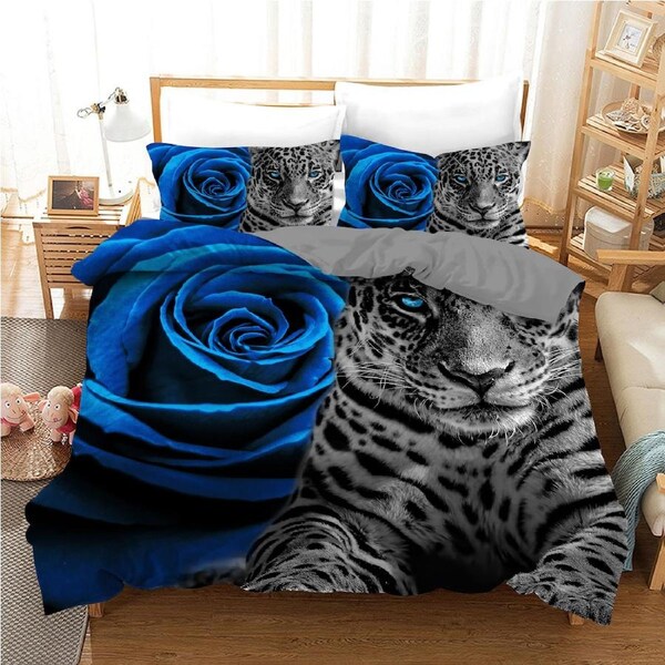 Leopard Romantic Rose Blue Quilt Doona Duvet Cover Pillow Case Set King, 2 Pillow Cases