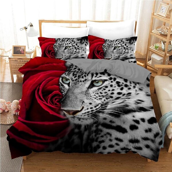 Leopard Romantic Rose Red Quilt Doona Duvet Cover Pillow Case Set Single, 1 Pillow Case