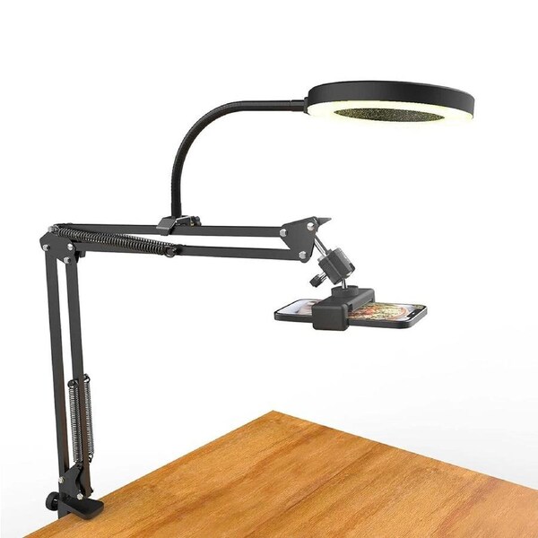 Overhead Phone Mount with Ring Light, Flexible Arm Tripod Phone Camera Holder