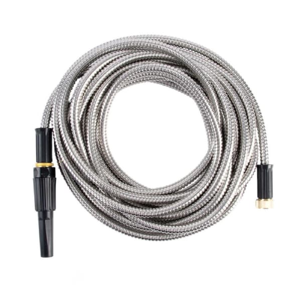Esschert Design Stainless Steel Garden Outdoor Hose w/ Black Nozzle 10m