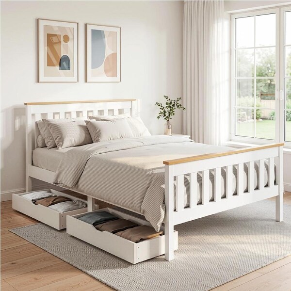 Artiss Bed Frame Double Size Wooden Base with 2 Drawers(White)PONY