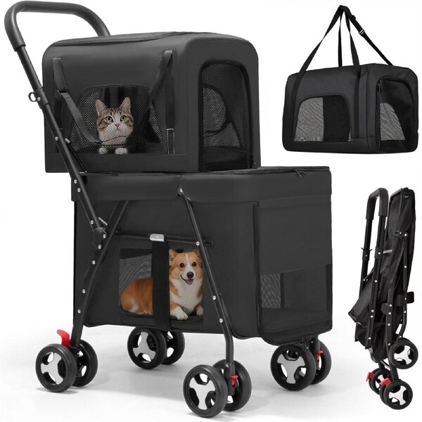 Advwin Pet Stroller Dog Pram Large Cat Carrier Travel Foldable 4 Wheels Double