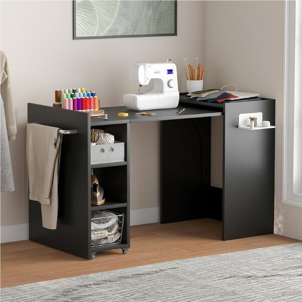 Advwin Folding Sewing Table, Multifunctional Sewing Machine Cart Table Cabinet w/Storage Shelves & Fabric Drawer, Black