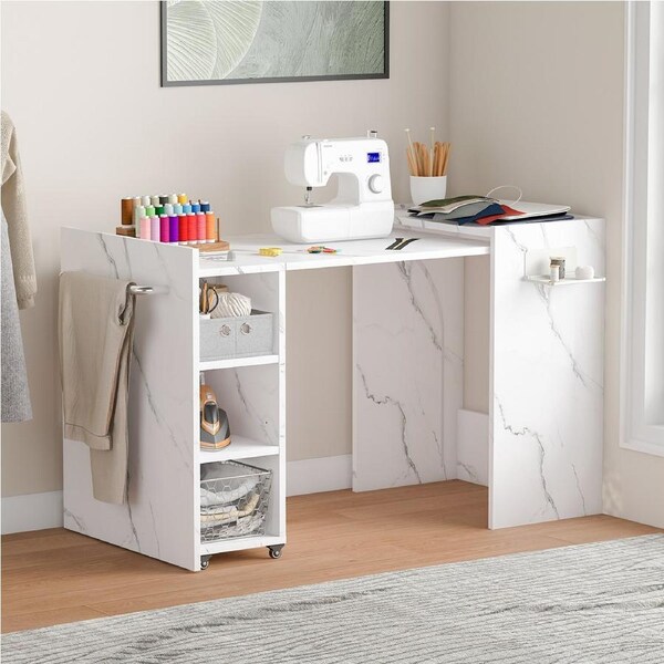 Advwin Folding Sewing Table, Multifunctional Sewing Machine Cart Table Cabinet w/Storage Shelves & Fabric Drawer, White Marbling