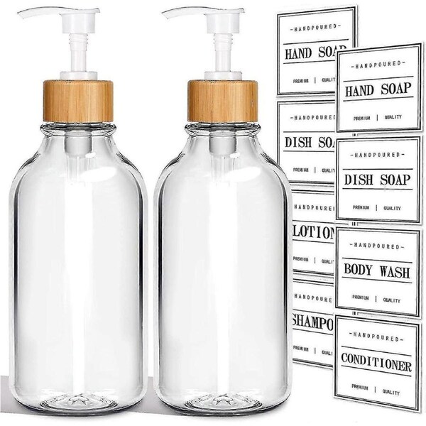 Clear Soap Dispenser, 2 Pack Plastic Soap Dispenser Bathroom With Bamboo Pump, 16 Oz Hand And Dish Soap Dispenser Set For Kitchen & Bathroom, Refillab