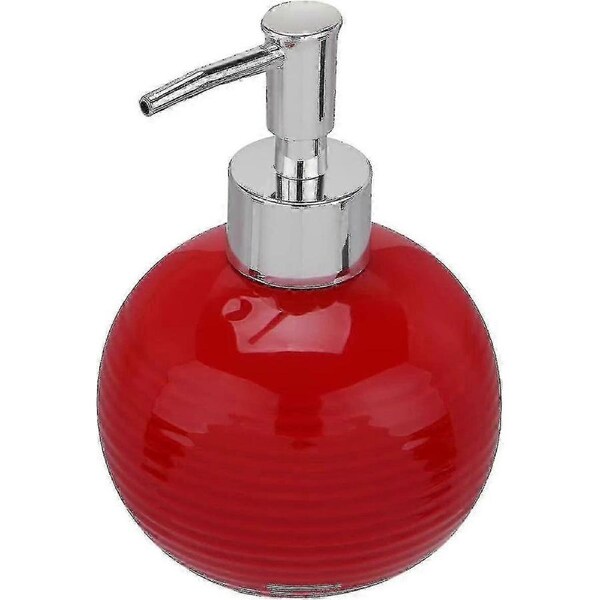 Ceramic Liquid Hand Soap Dispenser - Round Press Refillable Bottle with Squeeze Pump (Red)