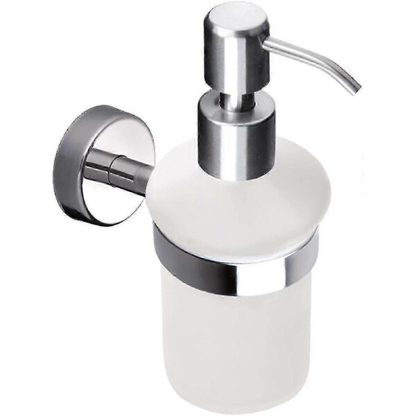 Liquid Soap Dispenser And Stand, Frosted Glass, Wall Mounted, Stainless Steel Polished Fin