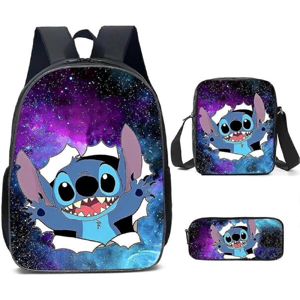 Kawaii Stitch backpack 17 lnch 3 piece stitch Laptop Backpack with Insulated Lunch Bag Pencil Case Daypack Travel Bag