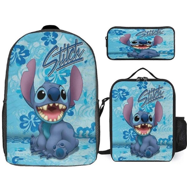 Cartoon Stitch Backpack 3PCS Backpack Set 17inch School Backpacks with Lunch Bag Pencil Case Fans Gift for Boys Girls Students
