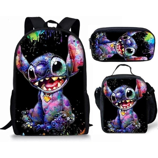 3PCS Boys Stitch Backpack,Girls Bags With Lunch Box Pencil Case Set Adjustable Shoulder 17 Inch Backpacks