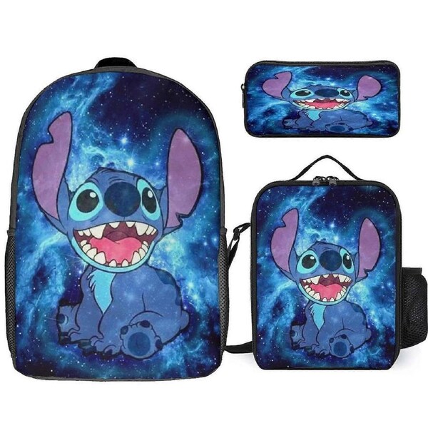 Cartoon Stitch Backpack 3PCS Backpack Set 17inch School Backpacks with Lunch Bag Pencil Case Fans Gift for Boys Girls Students