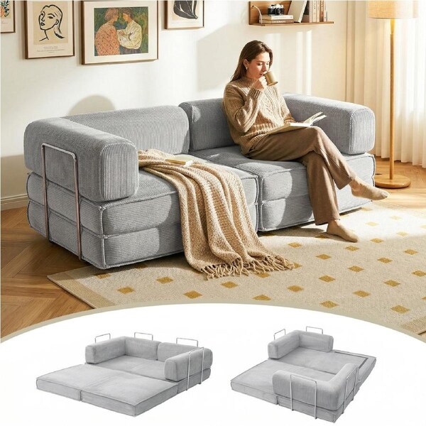 Artiss Convertible Folding Sofa Bed Corduroy Pull Out Mattress Couch Floor Sleeper Sofa Lounge Couch Chair Grey