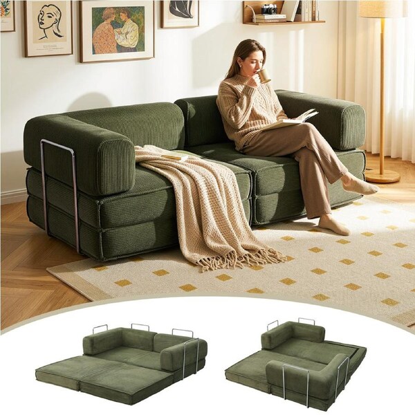 Artiss Convertible Folding Sofa Bed Corduroy Pull Out Mattress Couch Floor Sleeper Sofa Lounge Couch Chair Green