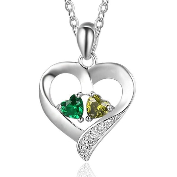 Catzon Heart-Shaped Necklace with 2 Birthstone 925 Sterling Silver for Women-Silver