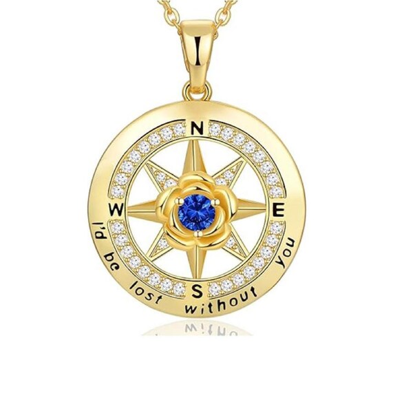 Catzon Gold Compass Necklaces with Rose Flower Birthstone for Women-Nov