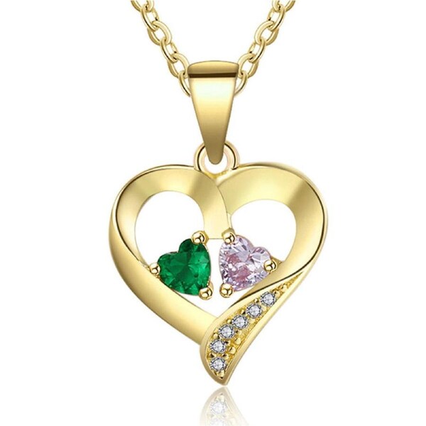 Catzon Heart-Shaped Necklace with 2 Birthstone 925 Sterling Silver for Women-Gold