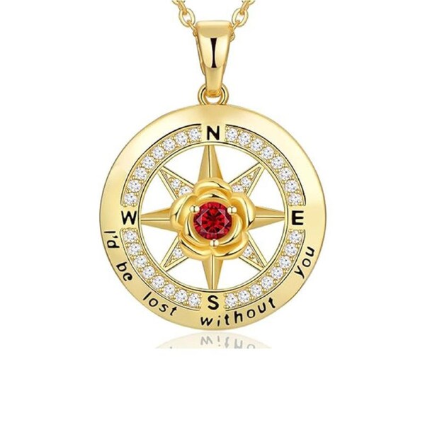 Catzon Gold Compass Necklaces with Rose Flower Birthstone for Women-June
