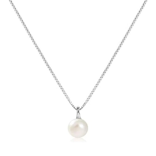 Catzon Single Pearl Necklace 925 Sterling Silver with 14K Gold Jewelry Gifts-Silver