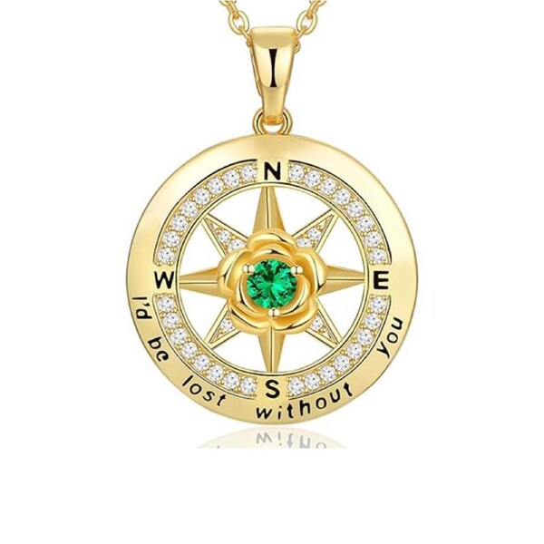 Catzon Gold Compass Necklaces with Rose Flower Birthstone for Women-July