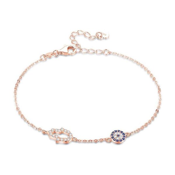 Catzon Hand of Fatima Evil Eye Bracelet Sterling Silver 925 Chain Adjustable-Rose Gold