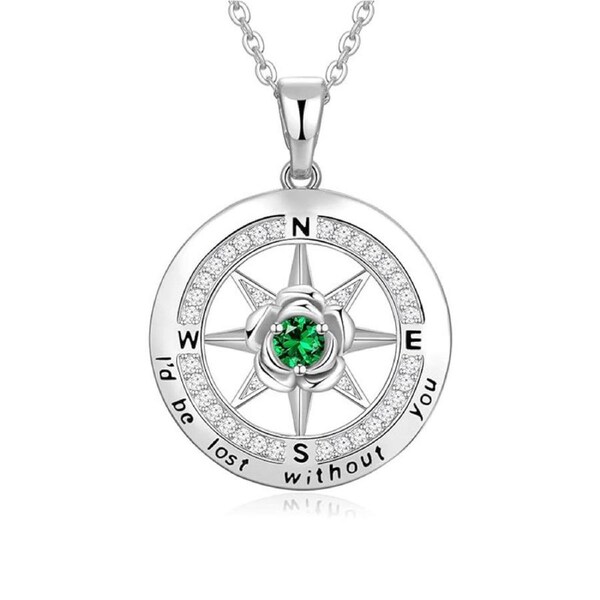 Catzon White Gold Compass Necklaces with Rose Flower Birthstone for Women-July