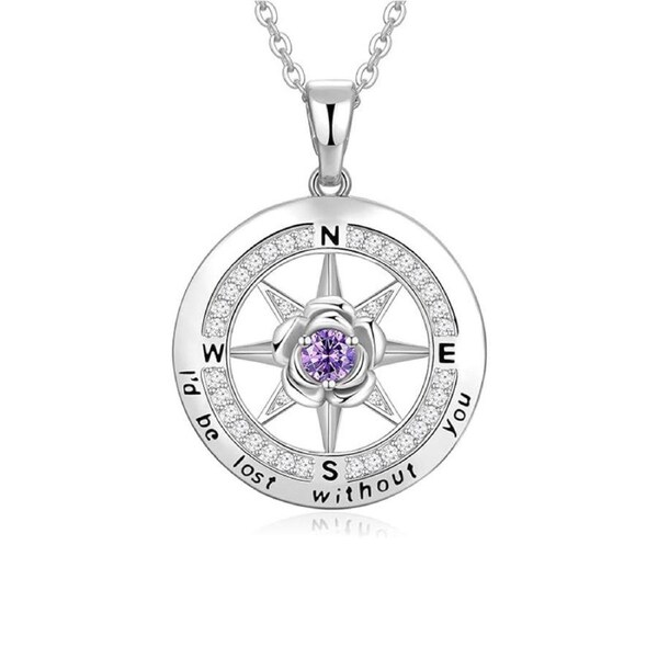 Catzon White Gold Compass Necklaces with Rose Flower Birthstone for Women-Mar
