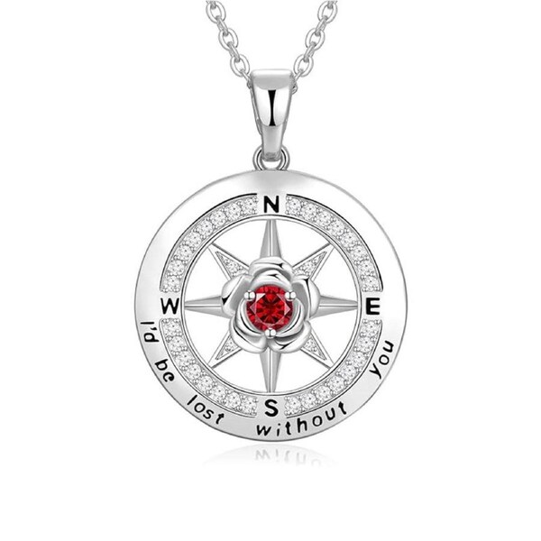 Catzon White Gold Compass Necklaces with Rose Flower Birthstone for Women-Dec