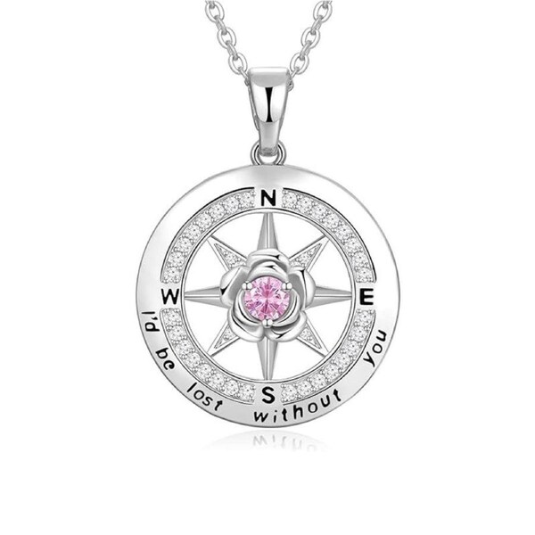 Catzon White Gold Compass Necklaces with Rose Flower Birthstone for Women-Sept