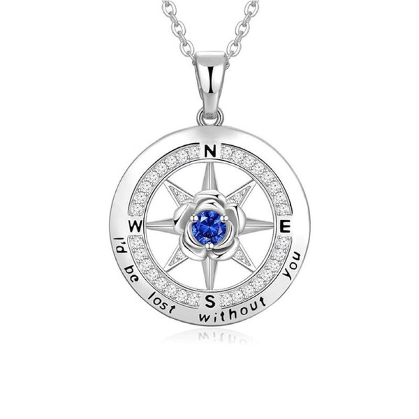 Catzon White Gold Compass Necklaces with Rose Flower Birthstone for Women-Nov