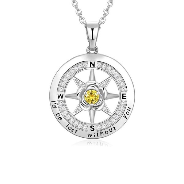 Catzon White Gold Compass Necklaces with Rose Flower Birthstone for Women-Oct