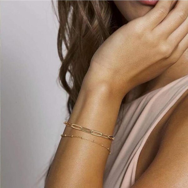 Catzon Paperclip Bracelets + Satellite Chain Clasp Adjustable for Women-Gold