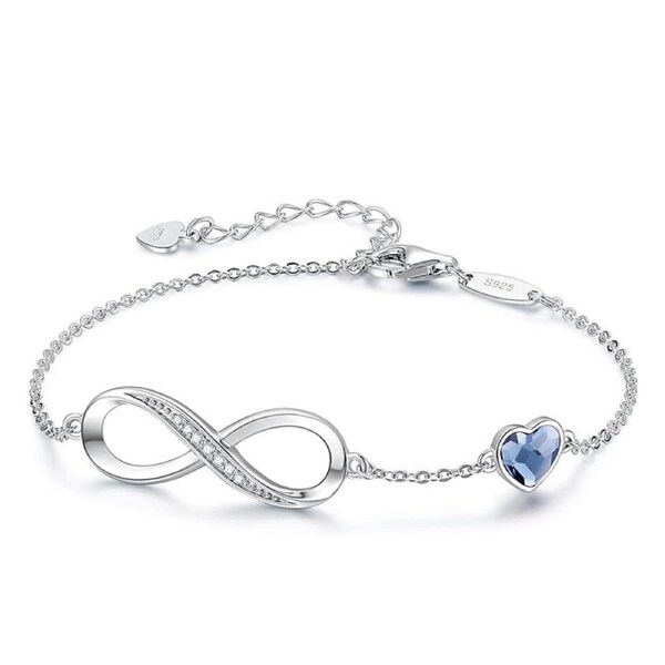 Catzon Heart Birthstone Bracelet for Women 925 Sterling Silver Birthday Gift-Blue