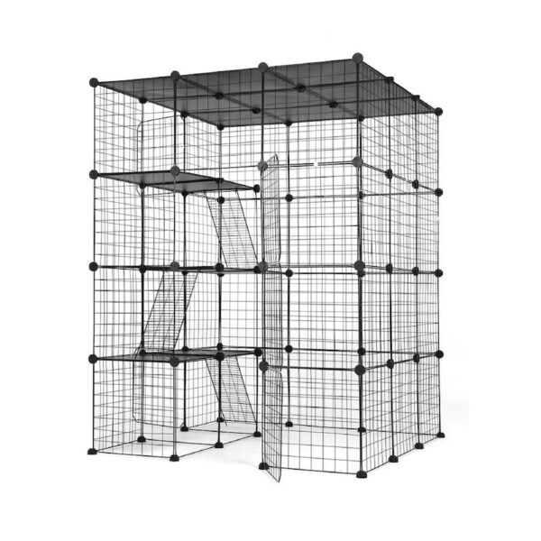 DIY Cat Enclosure Cage Pet House 4 Tier Indoor Rabbit Hutch Bunny Ferret Crate Kitten Fence Kennel Playpen 3 Platforms 3 Ramps Detachable Metal 142cm