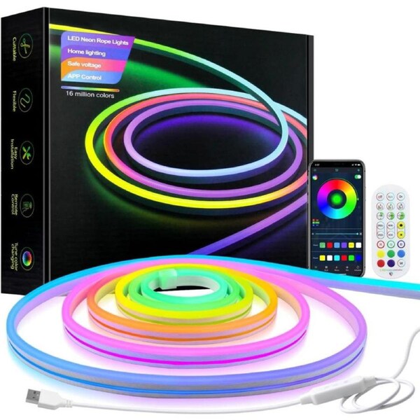 ALITOVE USB Neon LED Strip Light Waterproof 5M Outdoor LED Rope Light RGB+IC with Bluetooth APP Remote Control Music Sync Flexible LED Light Strip for Bedroom Home Outdoor Christmas Holiday Decor