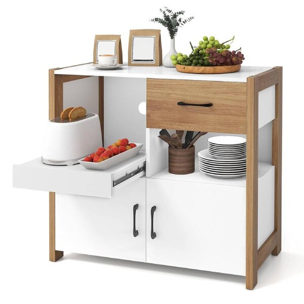 Costway Kitchen Storage Cabinet Farmhouse Coffee Bar Cabinet w/Drawer Pull-Out Shelf & 2 Doors Buffet Sideboard
