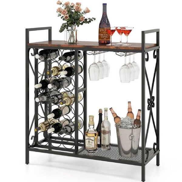 Costway 21-Bottle Freestanding Wine Rack Shelf w/Glass Holder & Wooden Top Metal Frame Rustic Organizer for Kitchen