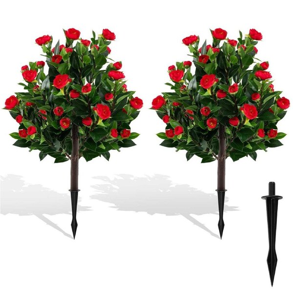 Costway Artificial Camellia Tree Set 2 Pack Fake Flower Tree Plants w/Ground Spikes Floral Blooming Bushes