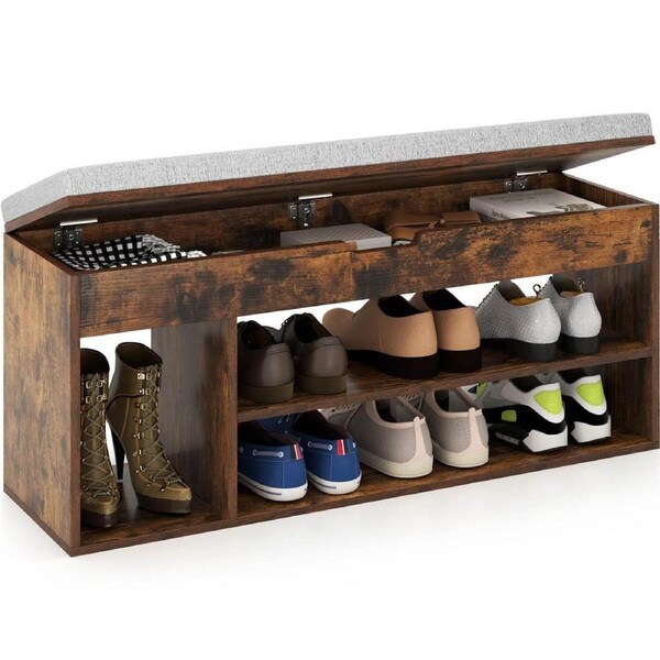 Costway 3-Tier Shoes Storage Bench w/Padded Seat Open Shelves Home Entryway Shoe Cabinet Brown