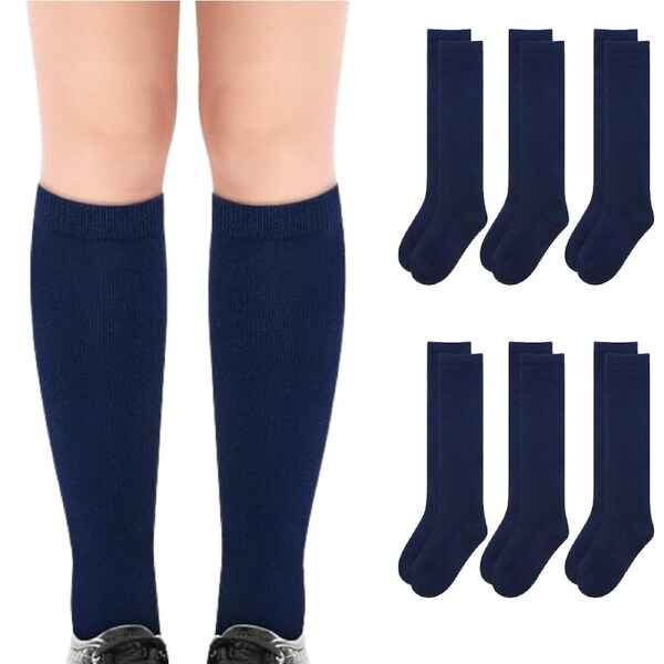 6x Pairs School Uniform Knee High Socks Cotton Rich Girls Boys Kids Bulk - Navy 2-8 (10-12 Years Old)