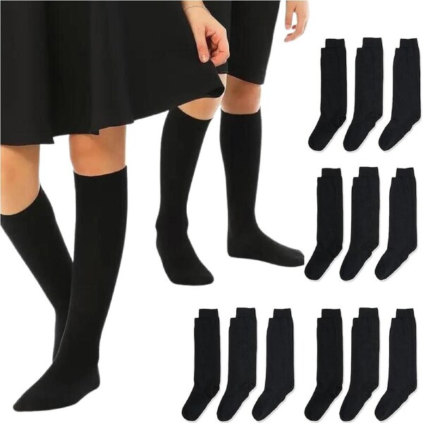 12x Pairs School Uniform Knee High Socks Cotton Rich Girls Boys Kids Bulk - Black 2-8 (10-12 Years Old)