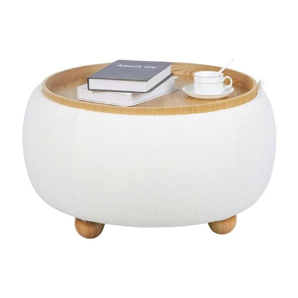 White Boucle Storage Table with Tray