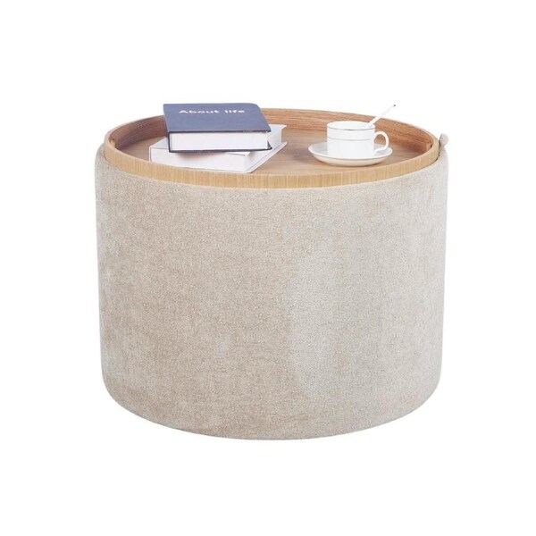 Beige Chenille Storage Ottoman with Tray-Round Shape