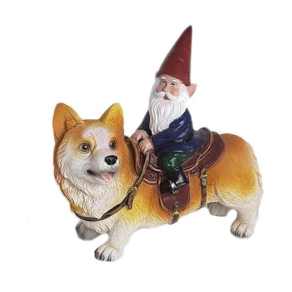 Catzon Gnome Riding a Corgi Garden Statue Decoration for Patio Yard Lawn