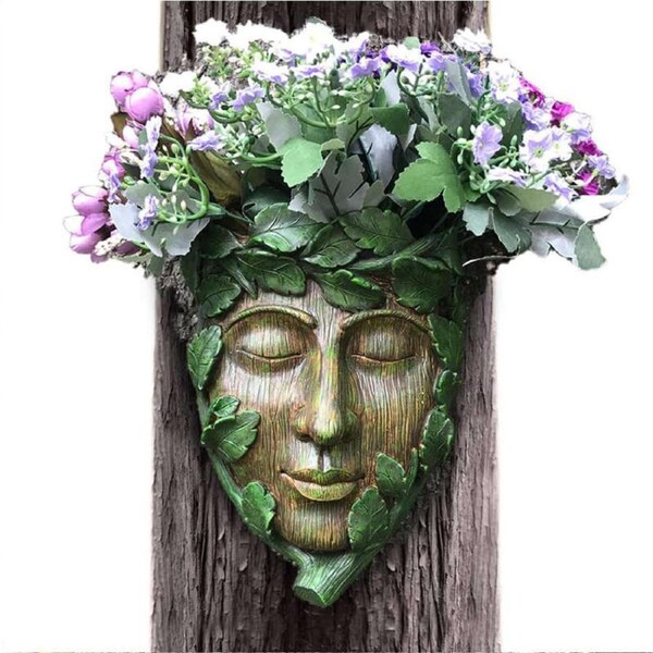 Catzon Green Man Tree Face Hand-Painted Resin Sculpture for Flower Pot Decor