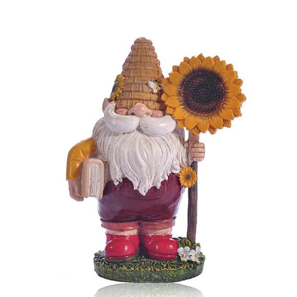 Catzon Bumble Bee Gnome Statue Holding Sunflower and Book for Home Decor