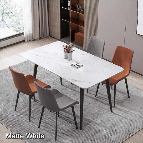 140x80cm Minimalist Slate Kitchen Dining Table Marble Lunch Dinner Table Solid Metal Legs 1 Matte White Table Only