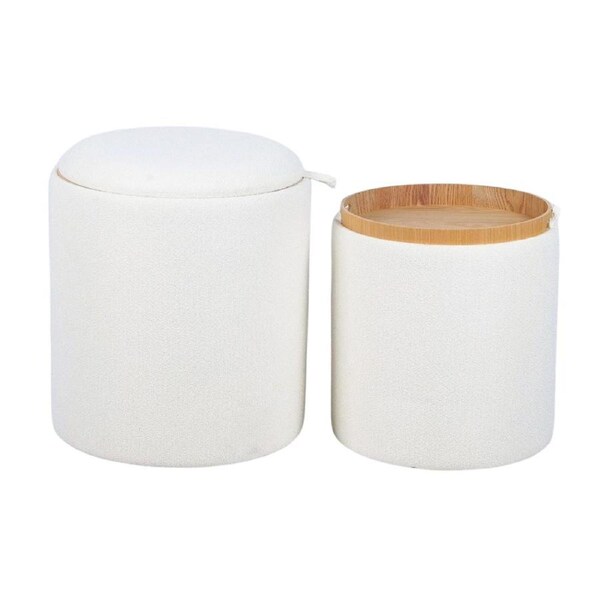 White Chenille Storage Ottoman with Tray