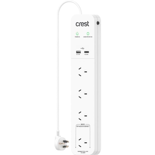 Crest Power Board 4 Socket 2 USB PD 20W Surge Protected 1.2m